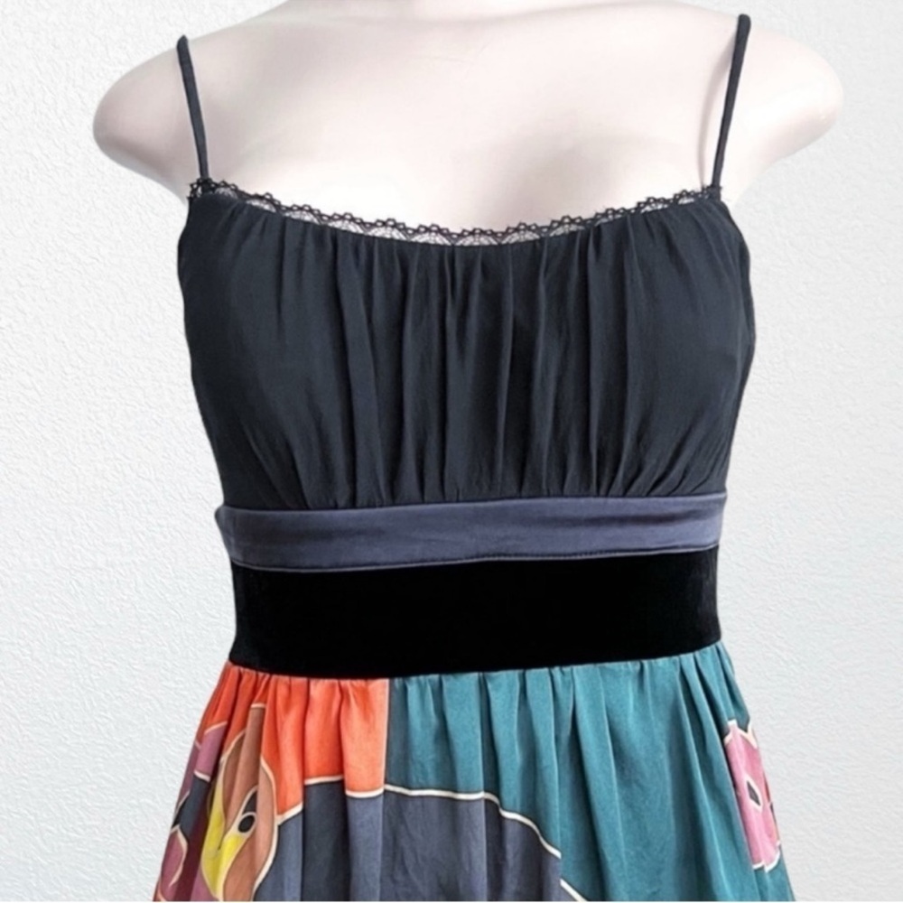Sue Wong Ruffle Silk Strappy Dress Black Floral Botanical Print SZ 0 - Picture 3 of 11